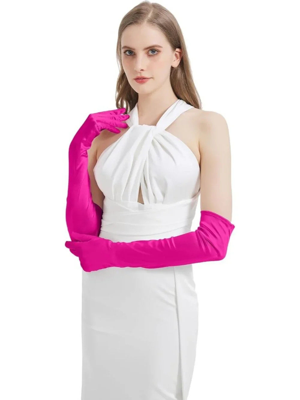 Women's Hot Pink Satin Opera Elbow Length 1920s Flapper Long Gloves Party